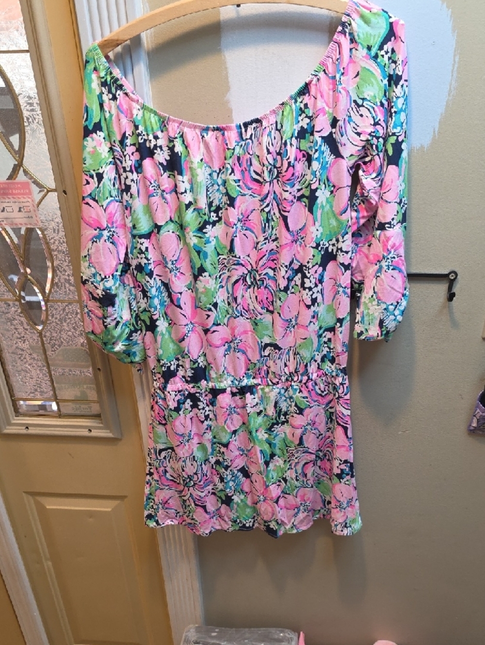Lilly Pulitzer Floral Off-Shoulder Women’s Cotton Romper in Pink and Navy